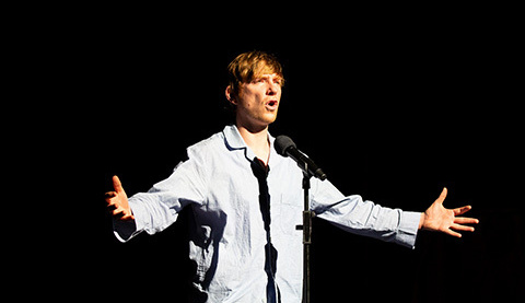 <p>Domhnall Gleeson onstage in Medicine by Enda Walsh. Photo by Jess Shrute</p>