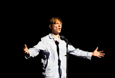 <p>Domhnall Gleeson onstage in Medicine by Enda Walsh. Photo by Jess Shrute</p>
