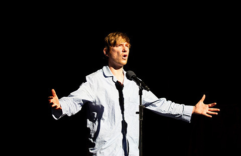 <p>Domhnall Gleeson onstage in Medicine by Enda Walsh. Photo by Jess Shrute</p>