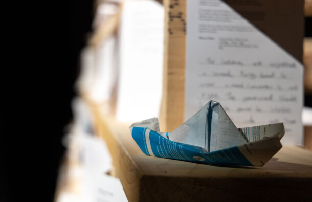 <p>Close up of a memento left at the House of Memory</p>