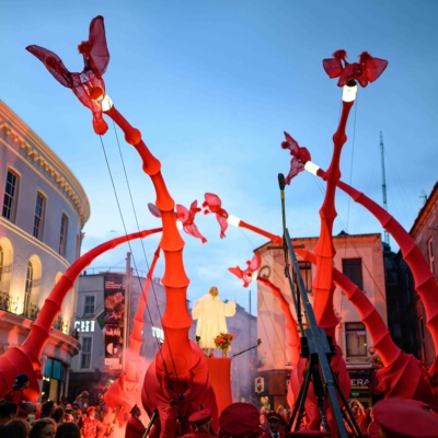 <p>Compagnie Off's Les Girafes marching down Shop Street, Galway. Photo by Declan Colohan.</p>