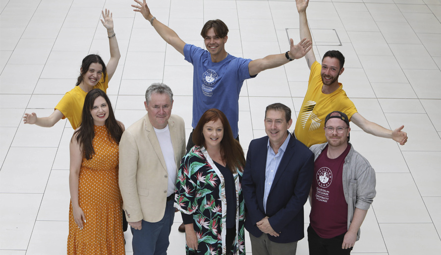<p dir="ltr">Back row: University of Galway students Elizabeth Hole, Konrad Nadstawek and Raphaël Adams. Front Row: Rena Bryson and John Crumlish of Galway International Arts Festival, with Marianne Kennedy, Dr Paul Dodd and Jamie Bigley from University of Galway. Photo Credit: Aengus McMahon.<br /></p>
